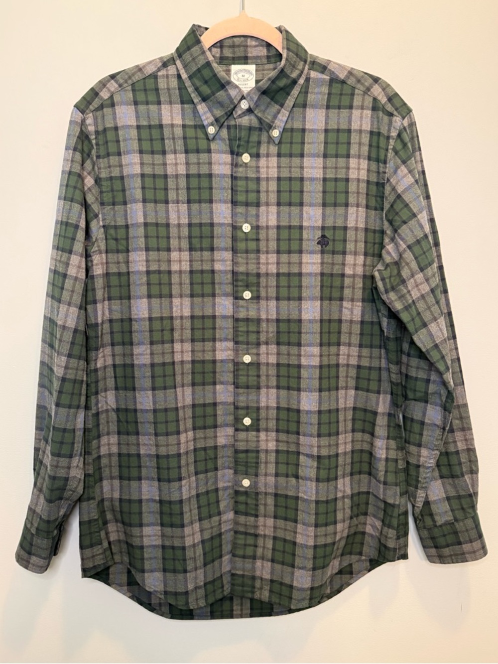 Brooks Brothers Regent Fit Plaid Button Down Shirt Green Gray Medium 100% Cotton